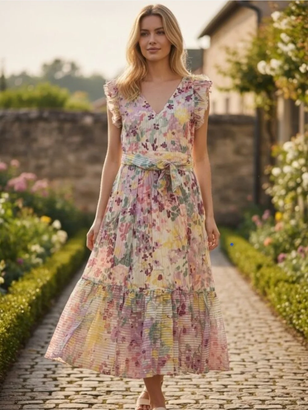 Kate Spade Pleated Floral Midi Dress Belted Flutter Sleeve Size 10 New W/O Tags